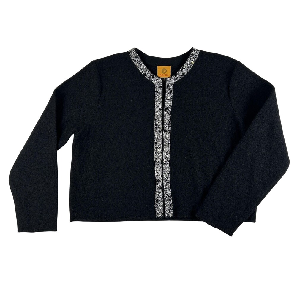 Ruby Rd. Cardigan Sweater Womens Medium Black Wool Knit Sequin Trim Hook Front